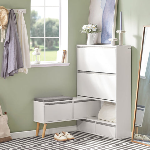 SoBuy FSR134-W Sklápěč bot Botník se 2 klopami, 2 dvířky a 2 šuplíky Botník se sedátkem Bílý (92-124) x126x24cm