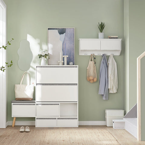 SoBuy FSR134-W Sklápěč bot Botník se 2 klopami, 2 dvířky a 2 šuplíky Botník se sedátkem Bílý (92-124) x126x24cm